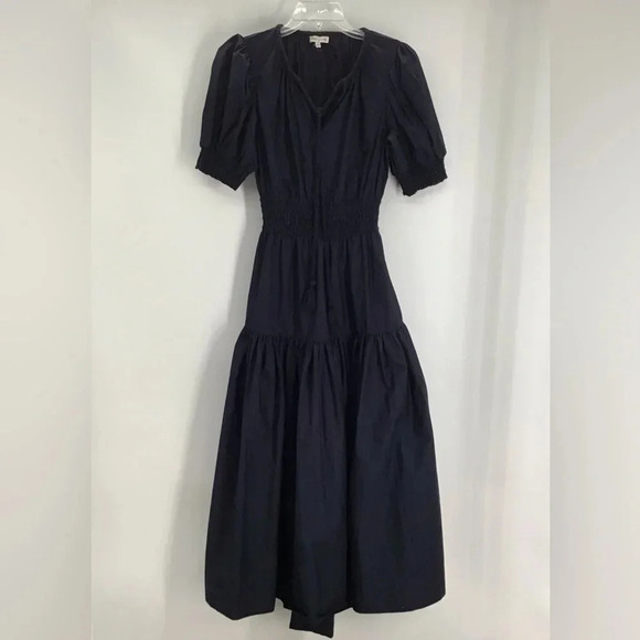 Moon River Anthropologie Puff-Sleeve Dress Fit & Flare Summer Casual Navy Size S - Picture 2 of 9